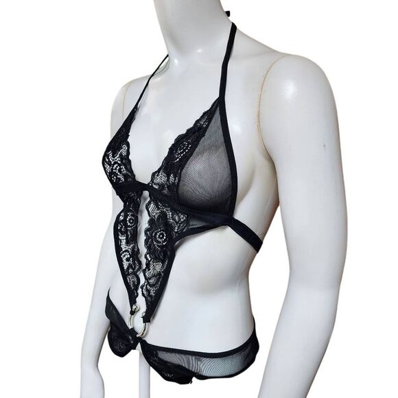 AvidLove Black Deep V Lace & Mesh Crotchless Teddy (S) - Picture 4 of 8